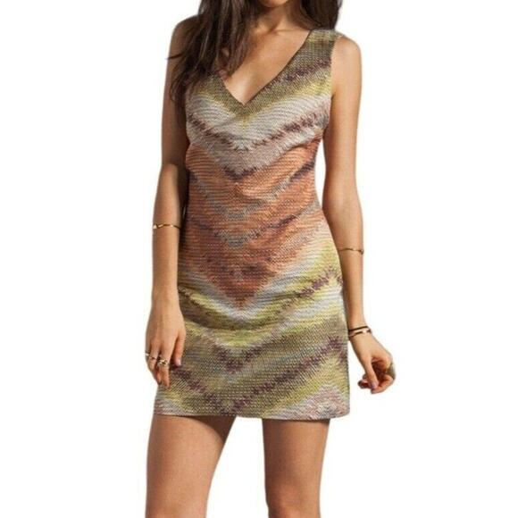 Revolve Tracy Reese Shift Dress XS Tan Zig Zag Rafia Cross Back Boho Retro NEW - Picture 1 of 16